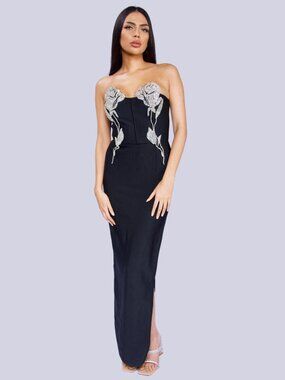 Black Strapless Crystal Embellished Maxi Dress Elegant Evening Gown
